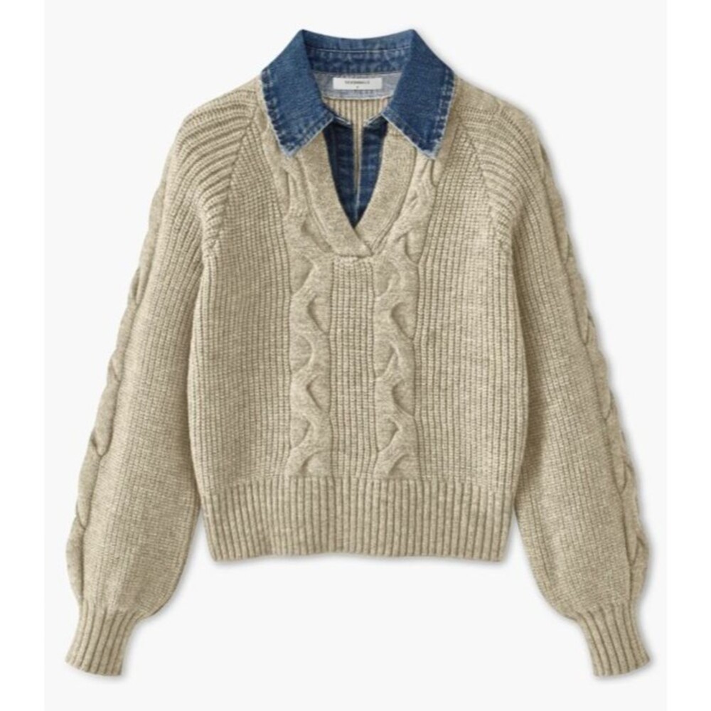 NWT COMMENSE Denim Collar Layered Sweater Beige Knit Sweater XS oversized fit - Picture 2 of 8